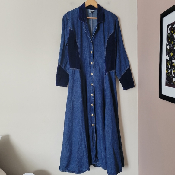 Vintage Dresses & Skirts - Vintage 90s Western Long Sleeve Denim Velvet Patchwork Maxi Dress Duster Size M